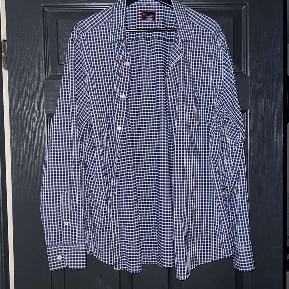 Untuckit Shirt Mens XXL SLIM Fit Blue Plaid Button Up Long Sleeve 92% Nylon